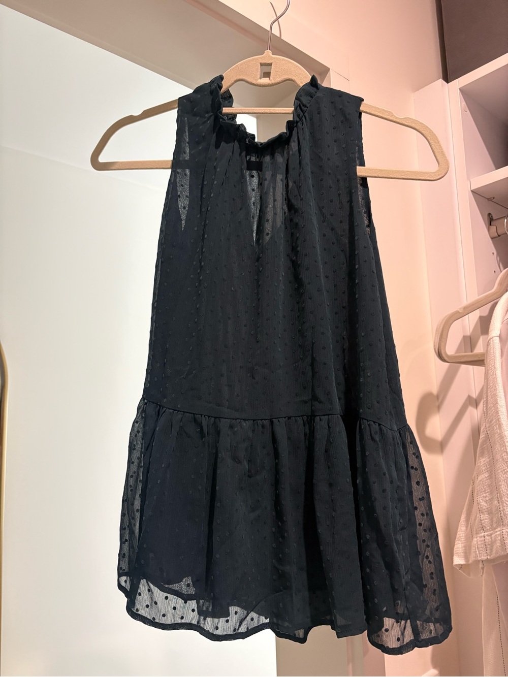 LOFT Navy Swiss Dot Ruffle-Neck Peplum Blouse
